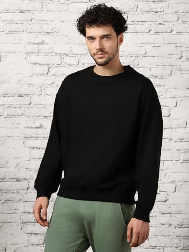 Nobero MenS Cotton Blend Crew Neck Oversized Sweatshirt (1M-Twss-R0005_Black)
