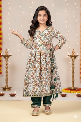 Naixa GirlS Rayon Anarkali Cream Printed Tassel Tie Kurta Set With Churidar Outfit V Nack 3/4 Sleeves And Golden Lace Dupatta (