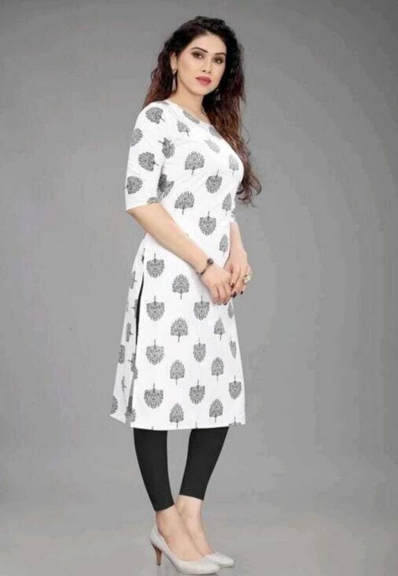 Patlani WomenS A-Line-Calf Langth Half Sleeve Crepe Kurti. White