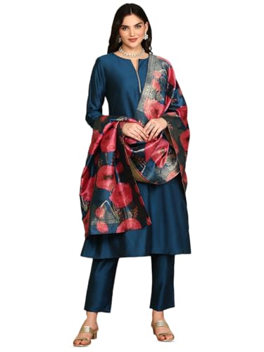 Ishin Navy Blue Notched Neck A-Line Kurta With Trousers & Dupatta | Kurta Set For Women | Kurta With Trousers And Dupatta