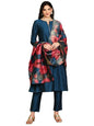 Ishin Navy Blue Notched Neck A-Line Kurta With Trousers & Dupatta | Kurta Set For Women | Kurta With Trousers And Dupatta