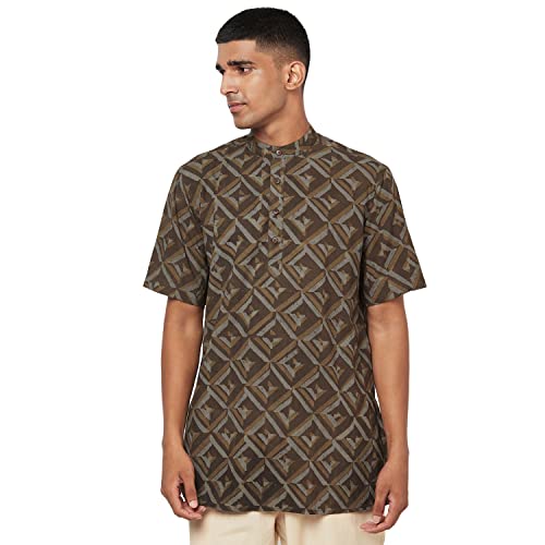 Fabindia Men Cotton Dabu Printed Short Kurta Brown_S