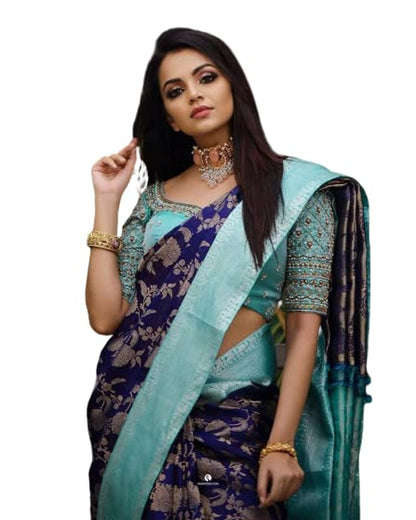 Flosive Womens Present Banarasi Soft Lichi Silk Saree Beautiful Jacquard Rich Pallu Ayn Design Work Zari Woven Kanjivaram Silk