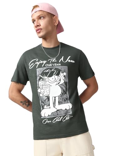 Bewakoof Air 1.0 Official Garfield Merchandise MenS Graphic Print Regular Fit Half Sleeve Round Neck Cotton Slub T-Shirt_659572_