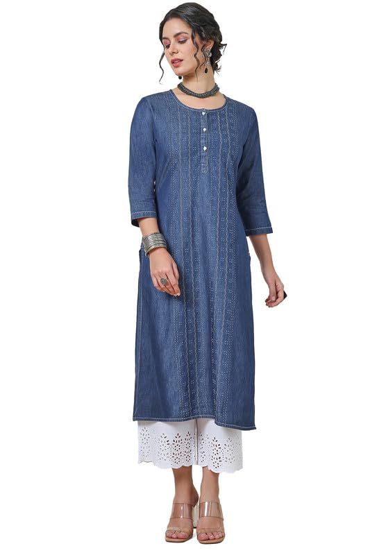 Soch Womens Indigo Kantha Stitch Cotton Blend Kurta