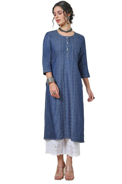 Soch Womens Indigo Kantha Stitch Cotton Blend Kurta