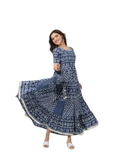 Ishin Navy Blue Cotton Floral Printed Tiered Dress
