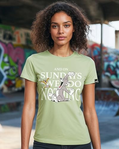 Bewakoof X Official Tom & Jerry Merchandise Womens Sundays We Do Nothing Graphic Printed Cotton T-Shirt - Regular Fit, Round Ne