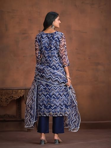 ishin Women's Ethnic Navy blue and white Organza Kurta Sets with Dupatta