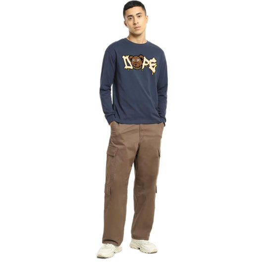 Bewakoof Mens Dope Bear Typography Blue Round Neck Long Sleeve Oversized T-Shirt