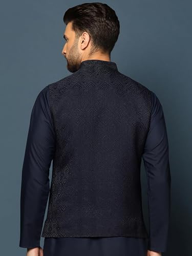 Kisah MenS Nehru Jacket Ethnic Festive Navy Blue Waistcoat Cotton, Regular Fit
