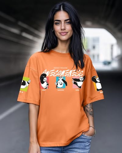 Bewakoof Official Kung Fu Panda Merchandise Womens Graphic Printed Oversized Fit Half Sleeve Round Neck Cotton Jersey T-Shirt_6