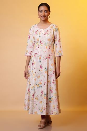 Aurelia Women? Floral Printed Lace Flared Pure Cotton Kurta | Lightweight Round Neck Kurta for Women Cotton | Floral Printed Kurta for Women | Soft & Breathable Regular Fit Kurta for Women