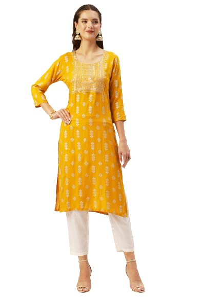 anubhutee Women's Mustard Zari Embroidered Ethnic Motifs Printed Kurta