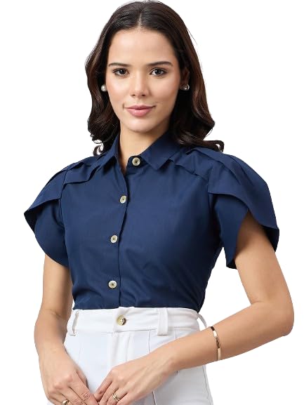Style Quotient Women Solid Navy Polycotton Regular Fit Formal Tulip Sleeve Shirt