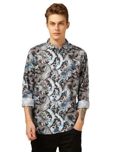 Dennis Lingo Men Regular Fit Cotton Full Sleeves Ethinc Print Casual Shirts Blue