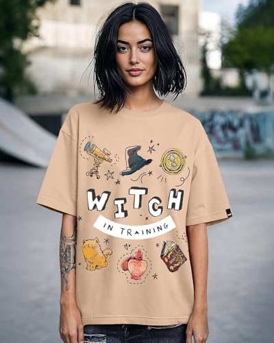 Bewakoof Official Harry Potter Merchandise Womens Graphic Print Oversized Fit Half Sleeve Round Neck Cotton T-Shirt_629070_Brow