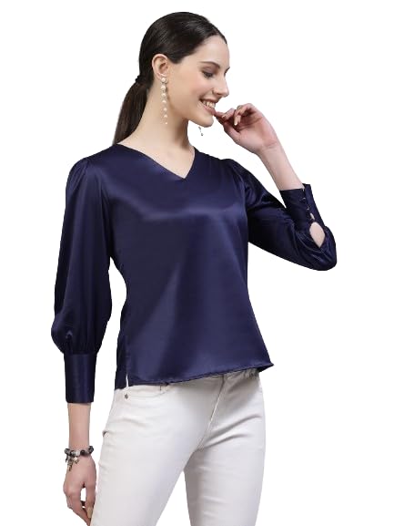 Style Quotient Women Solid Navy Satin Party Top