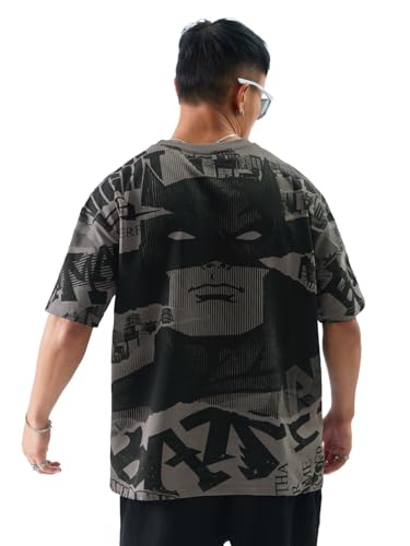 The Souled Store Official Batman: GothamS Saviour Mens And Boys Oversized Fit Graphic Printed Half Sleeve Cotton Grey Color Ove