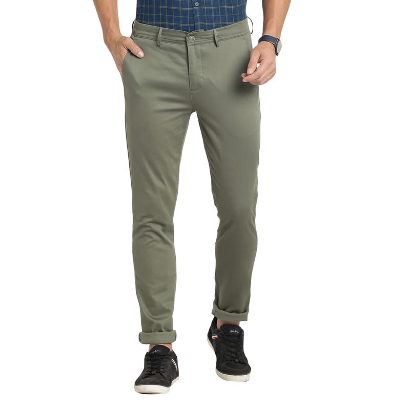 Turtle Men Cotton Olive Printed Narrow Fit Stretchable Casual Trousers