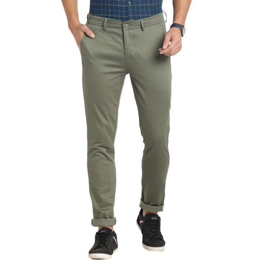 Turtle Men Cotton Olive Printed Narrow Fit Stretchable Casual Trousers