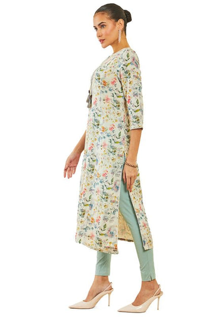 Soch Womens Beige Linen Kurta With Floral Print And Tassels