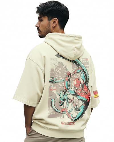 Bewakoof Official Marvel Merchandise Spiderman MenS Graphic Print Oversized Fit Half Sleeve Hooded Cotton T-Shirt_689679_Beige_2