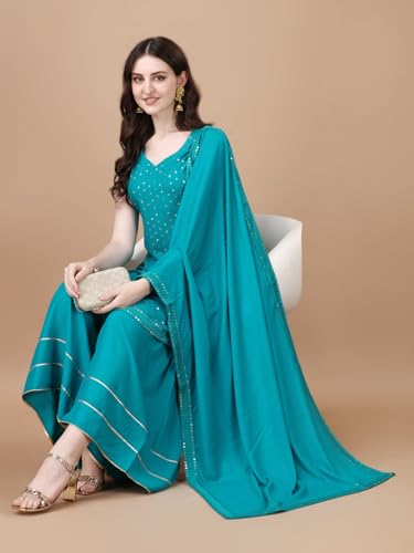 Pratham Blue Women's Viscose Rayon Straight Kurta with Palazzos and Dupatta