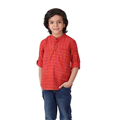 Fabindia Kids Chinese Collar Short Kurta Cotton_Red