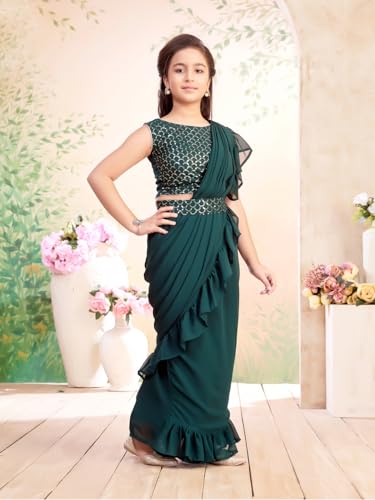 Aarika Girls Ethnic Wear Dark Green Colour Sequin Embroidery Georgette Lehenga Saree With Attachable Dupatta-(3-13 Years)-(SR-26