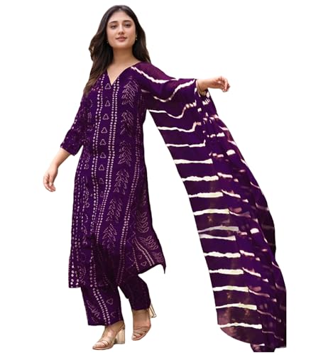 ANNI DESIGNER Womens Rayon Viscose Straight Bandhej Printed Kurta with Pant & Dupatta (Baghira Begani-VKS02_L_Begani_Large)