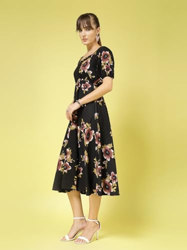 OOMPH! Womens Western & Fusion wear Printed Crepe Dress for Women, Puffed Sleeve, Black - md988