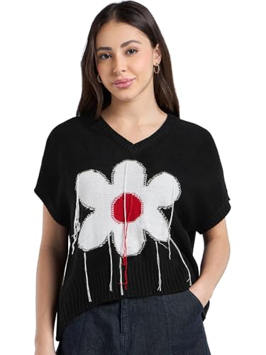 Bewakoof WomenS Self Design Oversized Fit Sleeveless V-Neck Acrylic Sweater_680263_Black_M