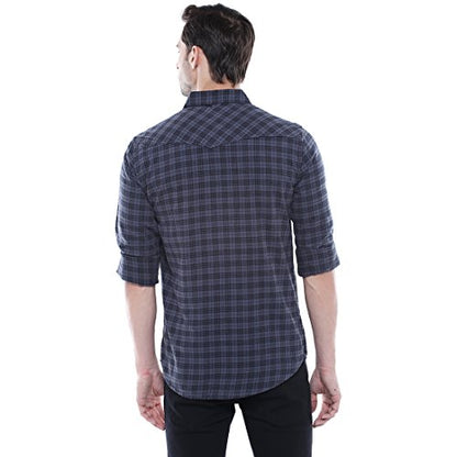 Dennis Lingo MenS Grey Checks Slim Fit Cotton Spread Collar Full Sleeves Casual Shirt With Flap Pockets