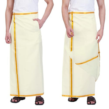 Prakasam Cotton Mens Free Size Stitched Double Layer Cream Dhoti/Mens Cotton Double Stitched Dhoti (Pack Of 1 Dhoti Only)
