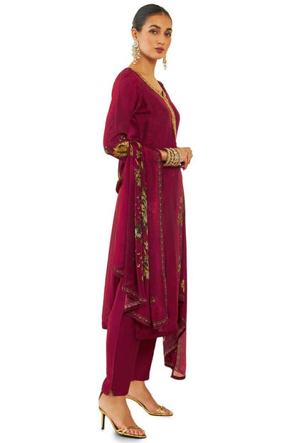 Soch Womens Maroon Silk Blend Suit Set with Floral Print and Hand Embroidery