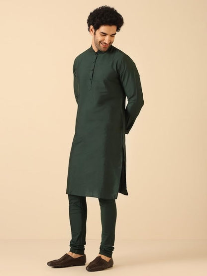 Kisah MenS Kurta, Bottle Green Cotton Blend, Solid Regular Fit Mandarin Collar Long Sleeves (42)