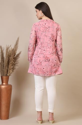 Aurelia Women's Bright Yellow Floral Printed Organza Kurti