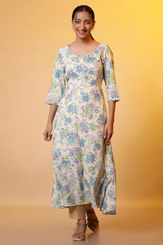 Aurelia Womens Viscose Floral Regular Kurta (24FEA15141_White