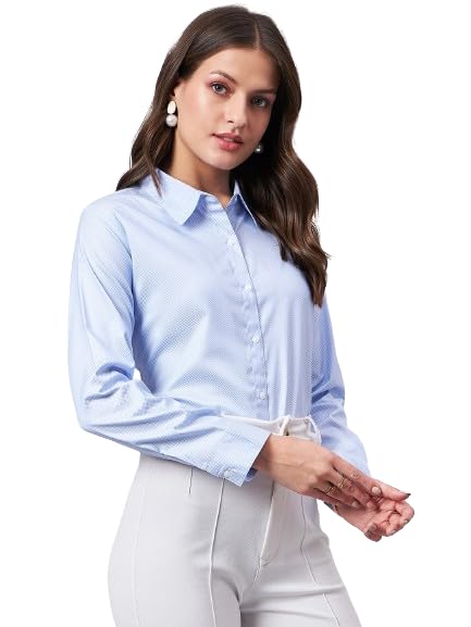 Style Quotient Women Chevron Self Design Blue and White Polycotton Formal Shirt