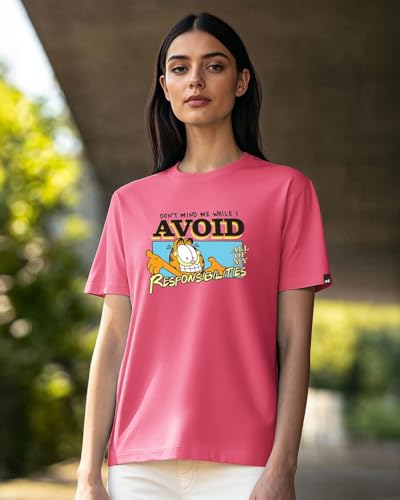 Bewakoof X Official Garfield Merchandise Womens Avoiding Responsibilities Graphic Print 100% Cotton T-Shirt- Regular Fit, Round