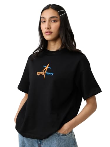 The Souled Store ISRO: Logo Women and Girls Short Sleeve Round Neck Black Embroidered Cotton Oversized T-Shirts
