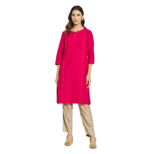 Fabindia Red Cotton Solid Knee Length Kurta