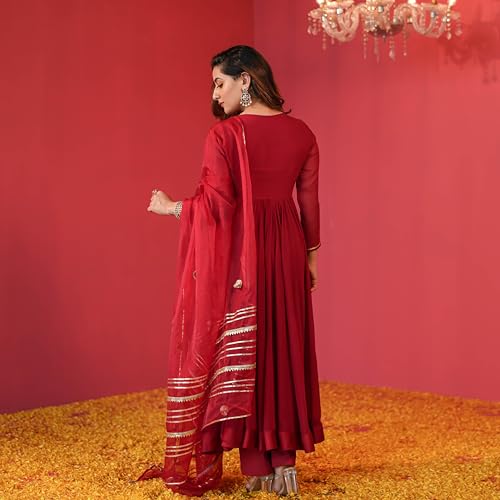 GoSriKi Women's Anarkali Kurta Set with Pants & Dupatta, Rayon Blend, Size 46, Red, Model JAYNTI RED-GS