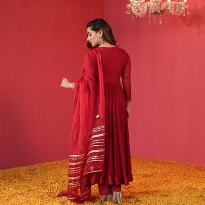 GoSriKi Women's Anarkali Kurta Set with Pants & Dupatta, Rayon Blend, Size 46, Red, Model JAYNTI RED-GS