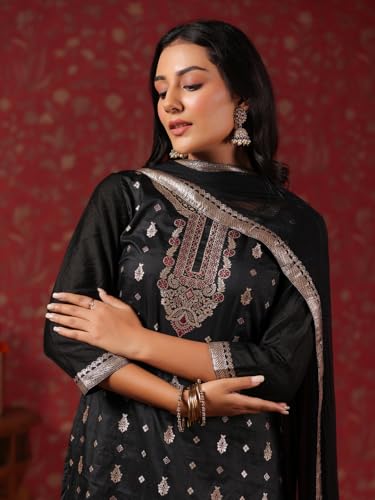 ishin Women's Poly Silk Ethnic Motifs Foil Print Black Straight Kurta Suit Set with Trousers & Dupatta