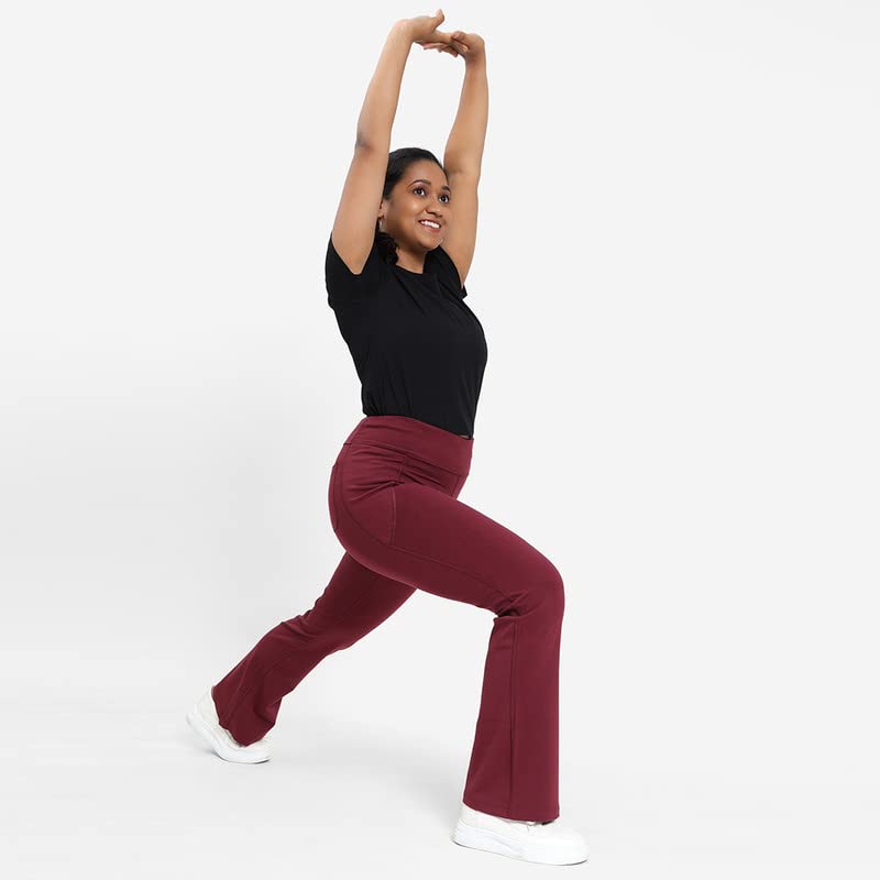 BlissClub Women Groove-in Cotton Flare Mid Rise Pants | High-Waist | Adjustable Inner Drawcord | 4 Pockets | Cottonflo Fabric, M