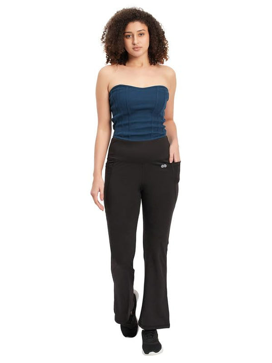 Clovia Womens Ribbed Bustier Top & High Waist Flared Yoga Pants with Side Pockets (COMBAT337_Black,Blue_L)