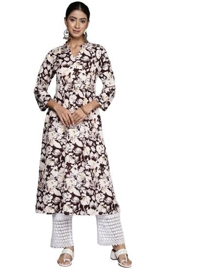 Varanga Brown Floral Printed Mandarin Collar with Slit, Three Quarter Sleeves, Empire Line Gather Detail A-Line Kurta with Side Slits