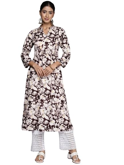 Varanga Brown Floral Printed Mandarin Collar with Slit, Three Quarter Sleeves, Empire Line Gather Detail A-Line Kurta with Side Slits